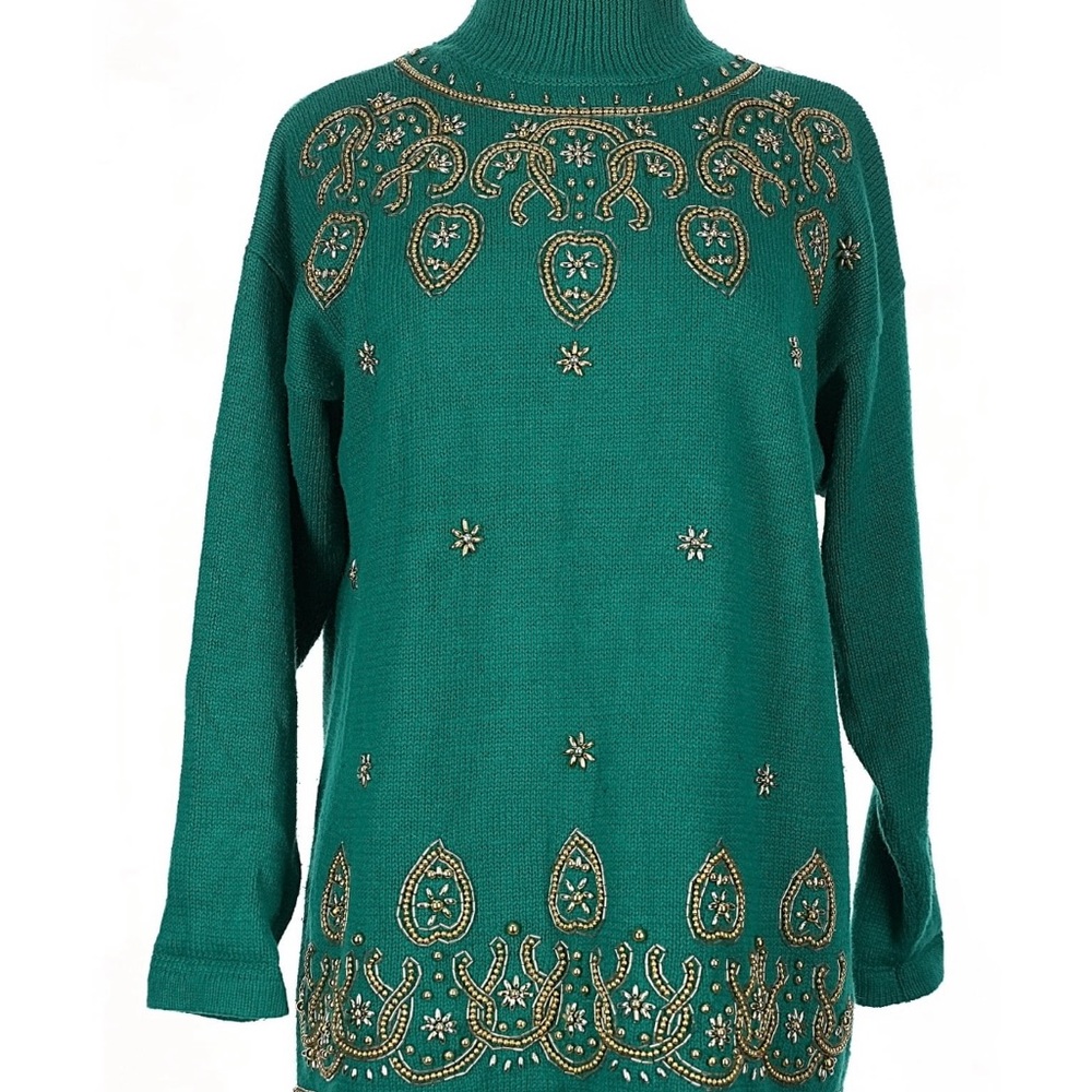 Victoria Jones Woman Emerald Turtleneck with Gold Embellishments